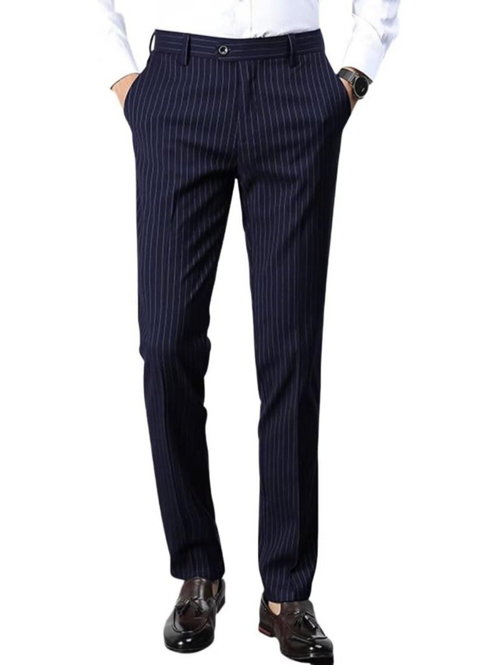 Slim Fit Lightweight Men's Striped Dress Pants | Casual Pinstripe Trousers for